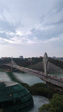 Aerial shot of Heavy Traffic Jam at Durgam Cheruvu Bridge in Hyderabad, India