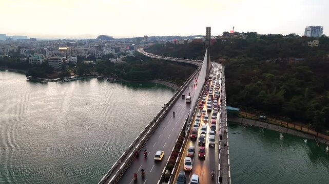 Aerial shot of Heavy Traffic Jam at Durgam Cheruvu Bridge in Hyderabad, India