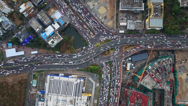 Aerial shot of Heavy Traffic Jam in Hyderabad, India