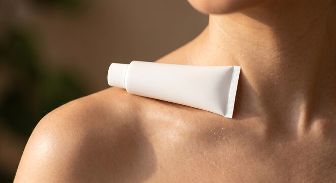 White unlabeled cosmetic tube resting on woman's bare shoulder with soft glowing skin