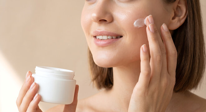 Smiling woman applying white cream from unlabeled jar to her face on beige background