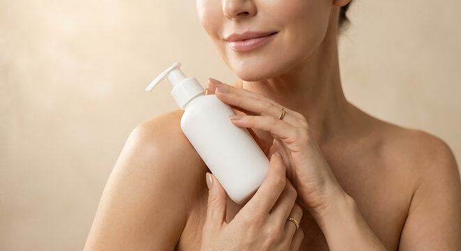 Smiling woman holding white unlabeled pump bottle against her shoulder on beige background
