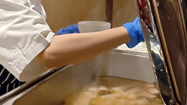 Restaurant server serving soup into a bowl, Buffet Banquet, Fine Dining Event, Hotel Hospitality, Cafeteria Staff