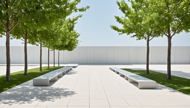 Modern urban cool spot with green trees and benches in city plaza