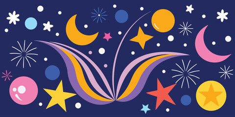 Fototapeta premium Magical space pattern with moons stars and planets on navy blue background.
