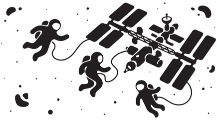 Black and white vector illustration of astronauts floating near a space station in orbit © Kue