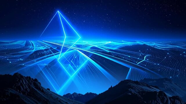 Glowing blue geometric lines illuminate a dark mountainous landscape at night.