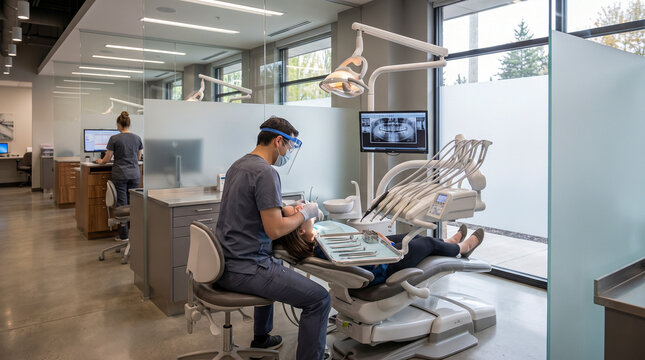 Cl&iacute;nica odontol&oacute;gica moderna y realista, con consultorios impecables, equipos dentales avanzados y ambiente profesional, ideal para un documental.