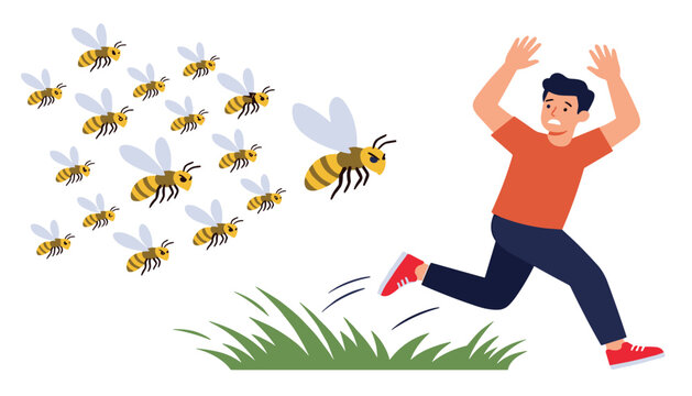 Scared young man running away from a swarm of angry stinging bees vector illustration concept on white background.