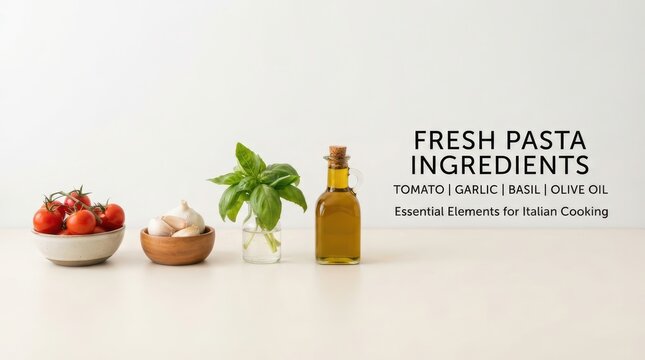 Pasta ingredients including tomato, basil and olive oil lined up in a flat lay with labels