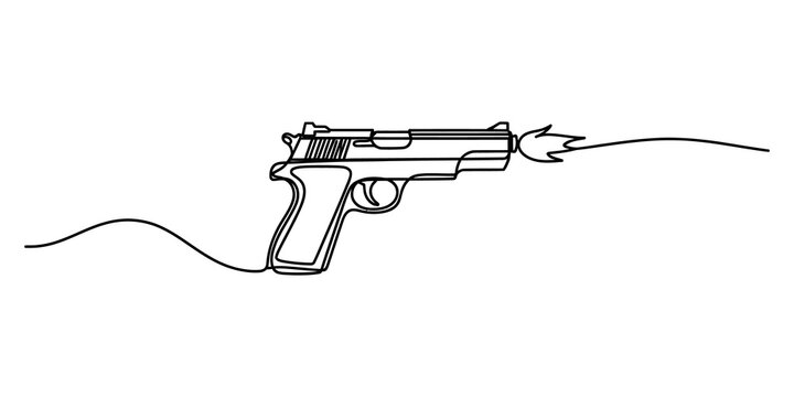 Continuous single line drawing of a firing handgun pistol