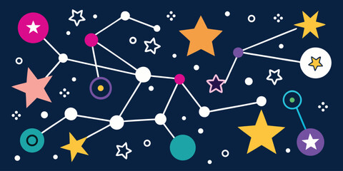 Abstract constellation background with connecting dots and flat colorful stars. © SarwarGfx