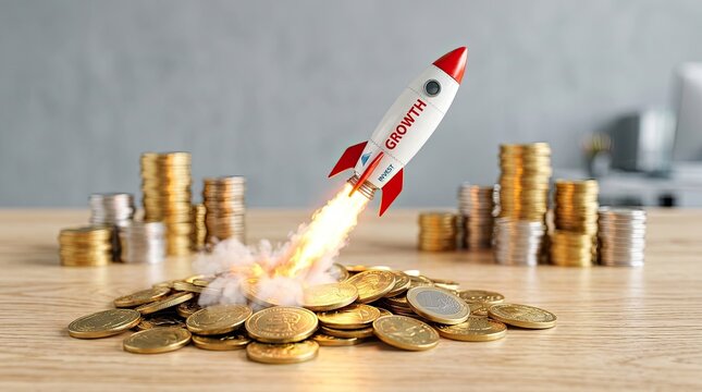 Business growth and financial investment rocket launching from stacked gold coins