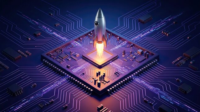 Tech startup launch rocket ship on circuit board business growth innovation concept