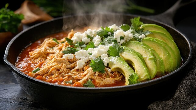 Authentic chicken tinga in cast iron skillet with fresh avocado slices, queso fresco and cilantro garnish on dark stone surface