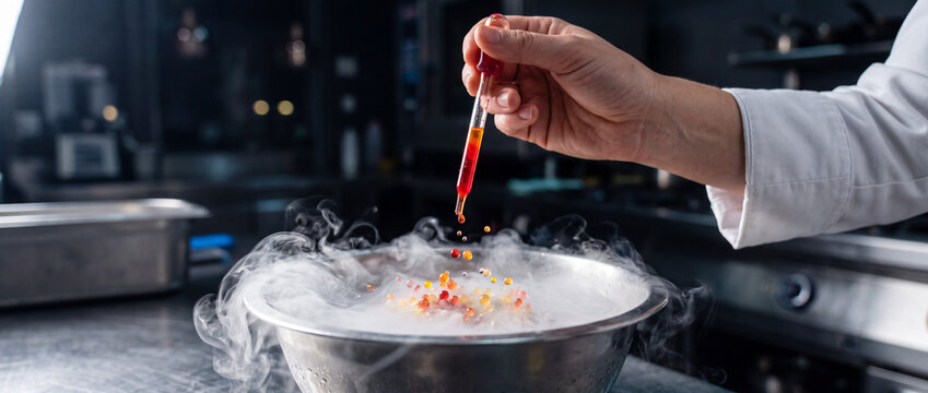 Chef adding colored drops to molecular gastronomy spheres in smoking bowl in professional kitchen