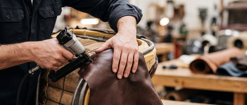 Skilled craftsman upholstering leather chair seat with staple gun in workshop furniture restoration