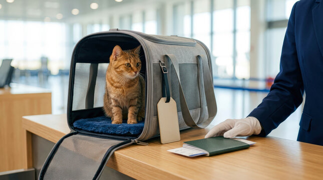 Cat inside pet carrier at airport check-in desk. Ground handler in uniform checking transit documents for animal travel. Travel concept with feline passenger in cabin during flight.