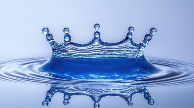 Droplet impact crown vibrant blue liquid splash formation with perfect geometric structure satellite droplets reflective surface high-speed macro photography concept