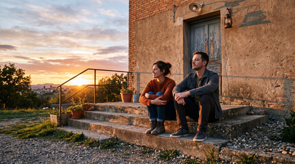 Fototapeta premium Side-by-Side at Sunset: A man and a woman friend sitting side by side on the steps of a plain building, the woman hugging her knees to her chest, the man sitting quietly beside her, sunset casting lon