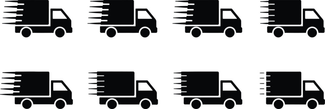 Delivery vehicle icons, transport truck symbols, logistics shipping, freight transportation, courier service, cargo movement and commercial transport graphics worldwide