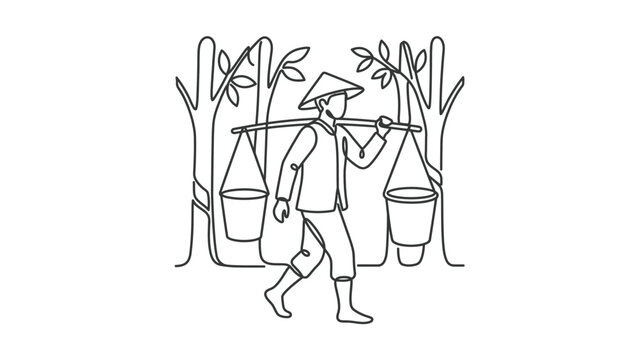 Rubber Tapper Carrying Buckets From Trees