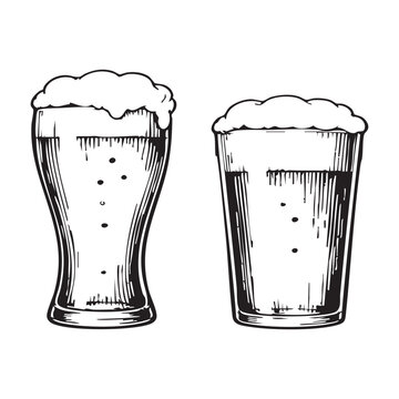 Two glasses of beer with foam sketch isolated on white isolated on white background, Vector