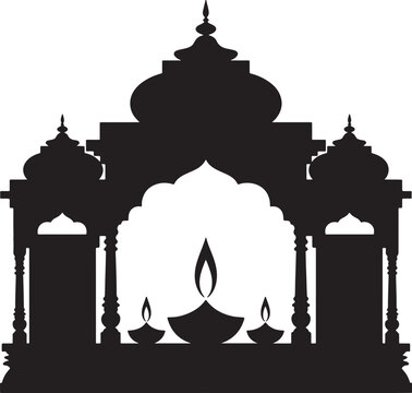 Silhouette of traditional Indian temple archway with burning diya oil lamps for Diwali festival celebrations