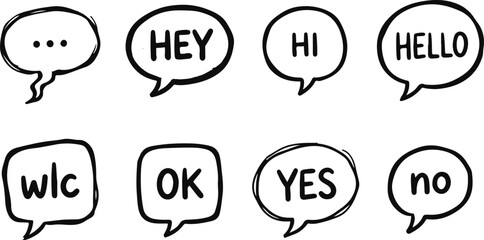 Icon sat collection hand drawn speech bubbles with common greetings responses for design projects © Hosneara