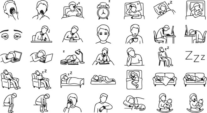 Icon sat collection diverse sleep rest icons line art for wellness bedtime and relaxation concepts