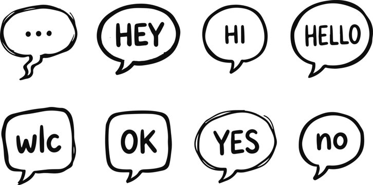 Icon sat collection hand drawn speech bubbles with common greetings responses for design projects