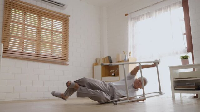 Health insurance with caregiver at home caregiver senior home fall assistance elderly woman patient safety medical walker rehabilitation recovery mobility support accident injury floor room bright
