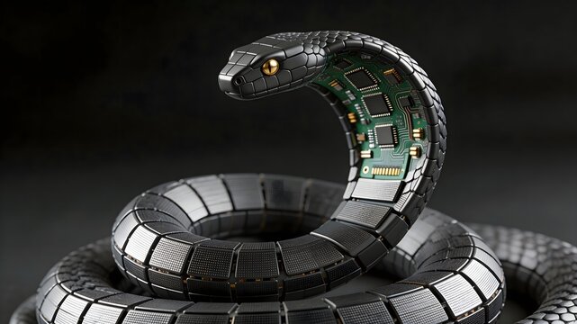 Macro matte black semiconductor snake with detailed micro circuitry