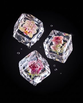 Drei Eisw&uuml;rfel mit eingefrorenen Rosen und Orchidee schweben vor schwarzem Hintergrund