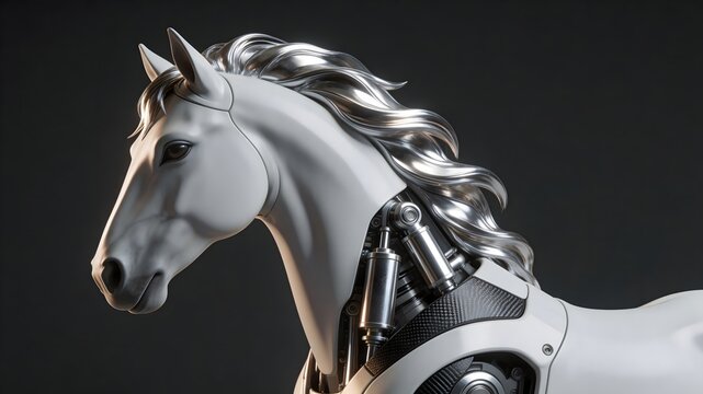 Bionic stallion head with flowing liquid titanium mane