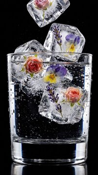 Eisw&uuml;rfel mit eingefrorenen Bl&uuml;ten fallen in ein Glas Wasser auf schwarzem Hintergrund
