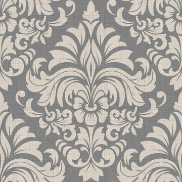 Gray and Cream Floral Damask Seamless Pattern with Woven Linen Texture