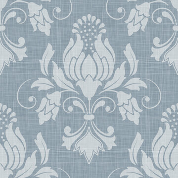 Pale Blue Floral Damask Seamless Pattern with Soft Linen Texture