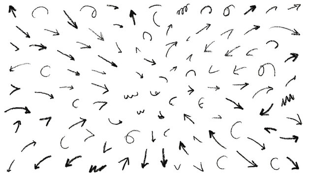 Black arrows flying in all directions. Abstract directional symbols.