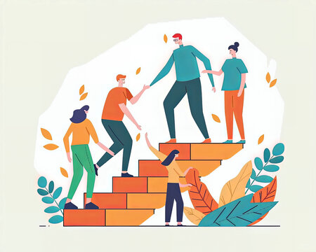 A vibrant illustration shows people helping each other climb steps, symbolizing teamwork and personal growth, and depicting a collaborative success