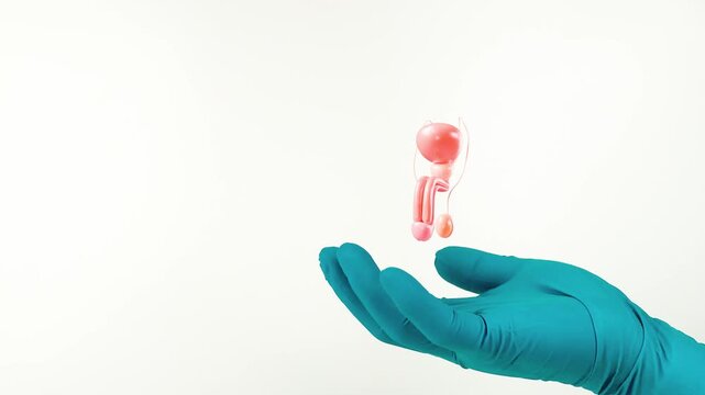 A doctor's hand, wearing green gloves, demonstrates the male reproductive system. Men's health, infertility and varicocele prevention, routine andrological examination.