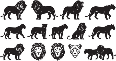 Obraz premium Lion silhouettes and heads. Black lion icons set.
