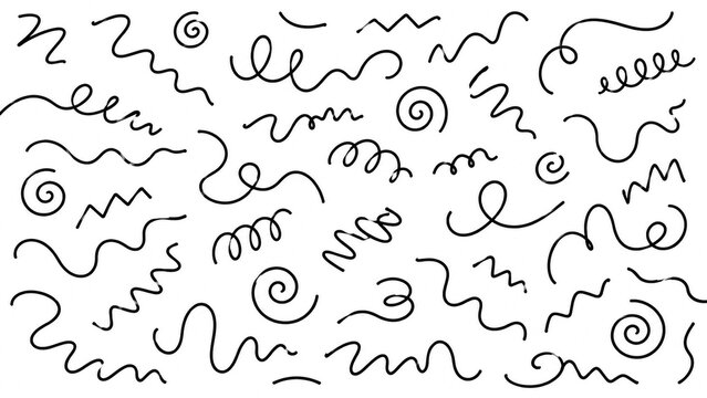 Black squiggles doodles on white. Hand drawn swirls and lines.