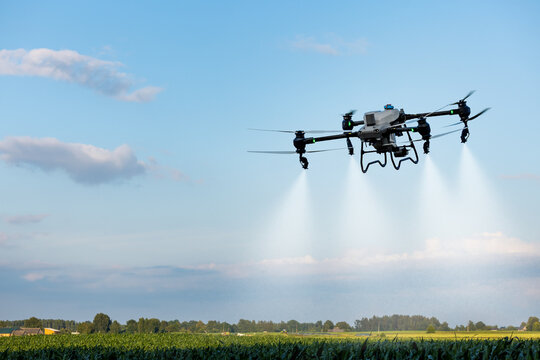 Agricultural spray drone flying over crop field for smart precision farming. Pesticide, fertilizer application