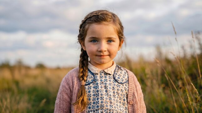 Kleines M&auml;dchen mit geflochtenem Zopf in Vintage-Kleid l&auml;chelt auf herbstlicher Wiese