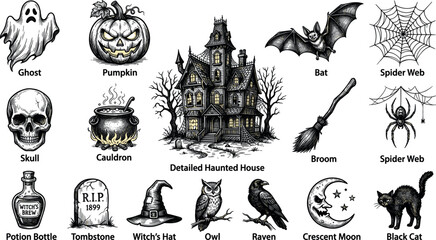 Halloween icons set with haunted house illustration in black and white