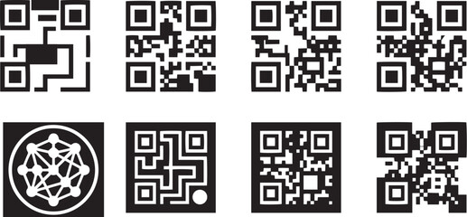 Fototapeta premium Abstract QR Code Icon Set Minimalist Quick Response Matrix Barcode Network Node and Tech Geometric Vector Graphics