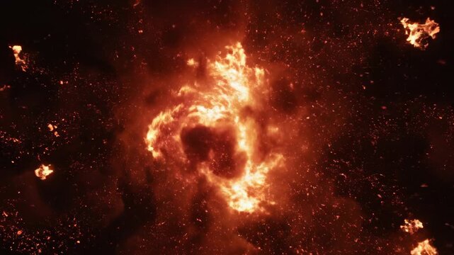 Intense fiery explosion of swirling orange sparks and glowing embers in deep dark space creating a dramatic cosmic nebula or supernova blast with chaotic energy and heat