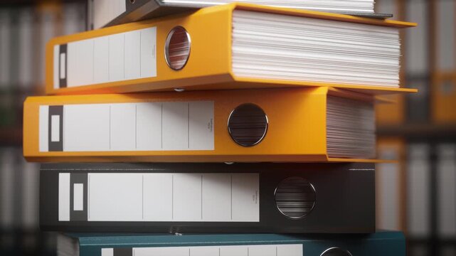 Stack of ring binders and folders with documents in a office or archive. 3d animation