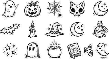 Halloween-themed spooky icons set featuring ghosts, cats, and magic symbols © Sharmin